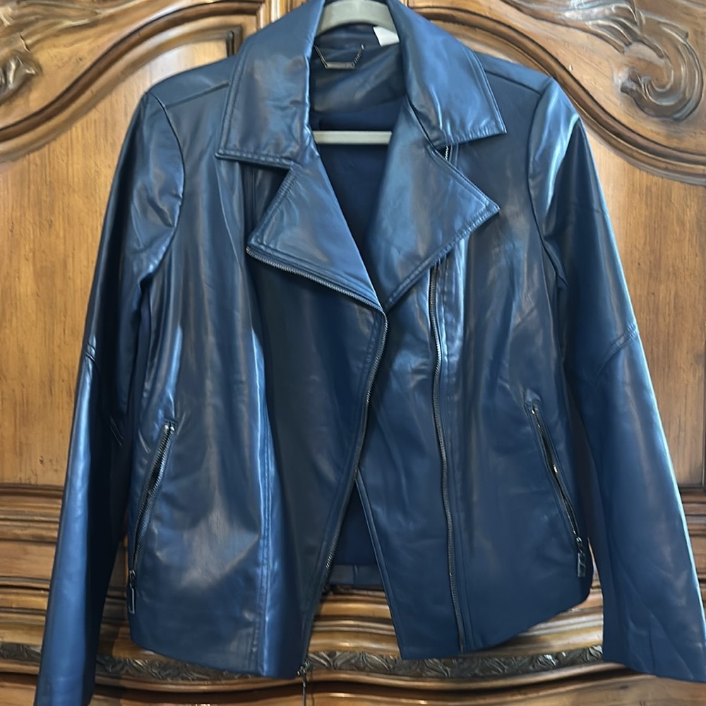 NEW Chicos Vegan Leather Asymmetrical ZipperDark Deep Navy Jacket Medium - Picture 11 of 11